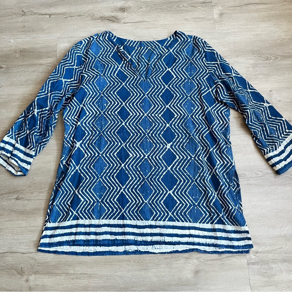 Karma Geometric Print Blue Tunic Cotton SZ L/XL Boho